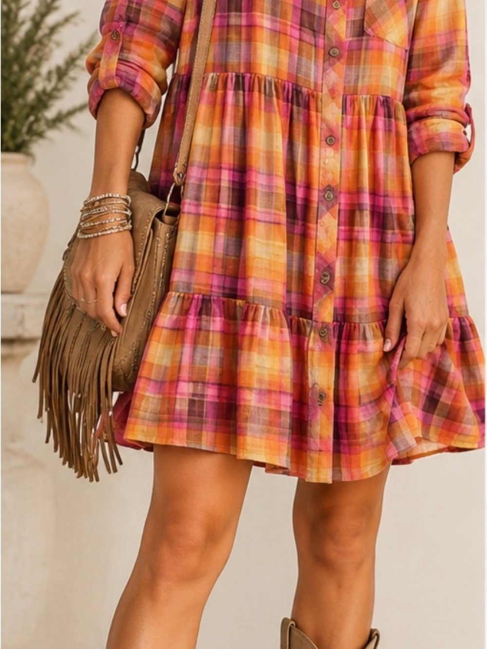 Easel Plaid Tiered Button-Front Mini Dress in Pink and Orange